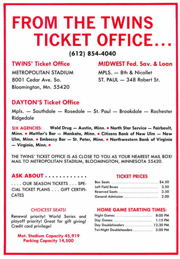 Ticket pricing and info from 1975 (Source Scorecard, 1975)