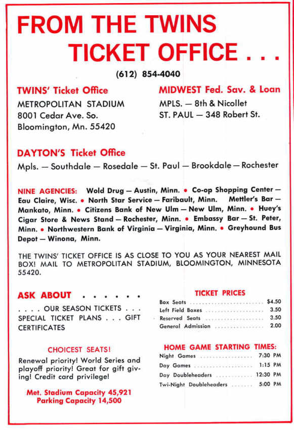 Ticket pricing and info from 1974 (Source: Scorecard, 1974)