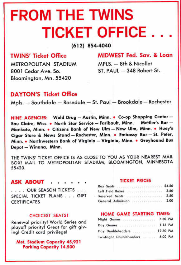 Ticket pricing and info from 1974 (Source: Scorecard, 1974)